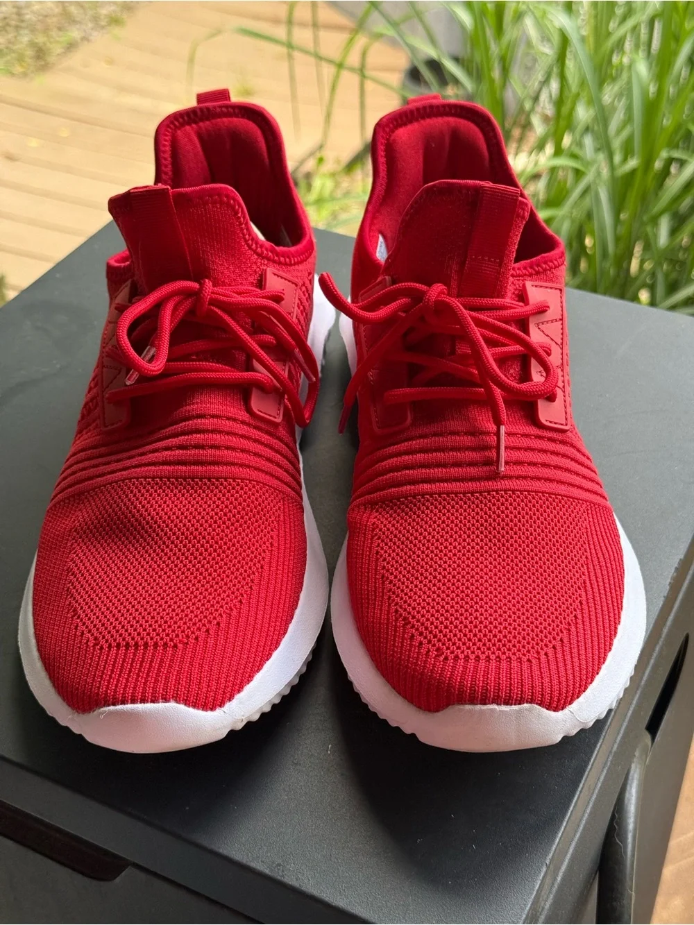 Bright Red Knit Athletic Sneakers with White Soles
